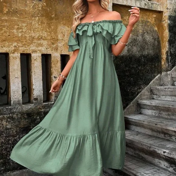 green frill hem dress Jackie Wide Ruffle Hem Pinafore Dress Forest Green main image 1